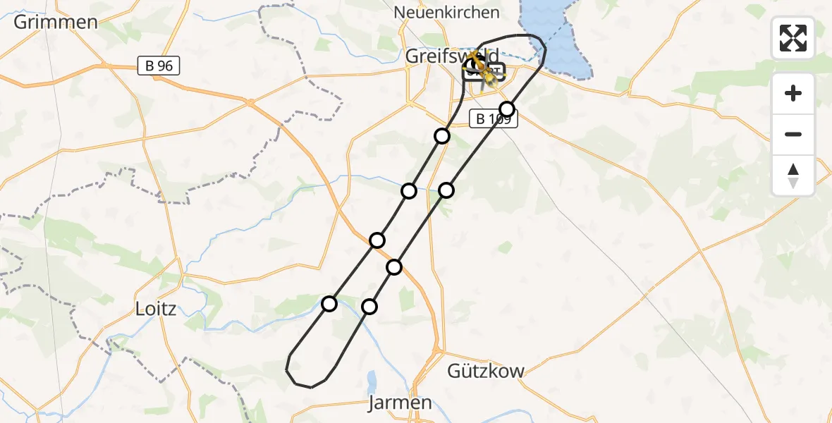 Flugroute Rettungshubschrauber Greifswald Hospital - Greifswald Hospital, 17 Juli 2026, 21:06