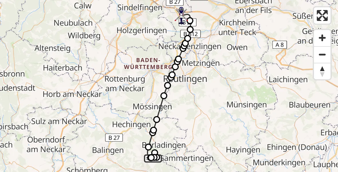 Flugroute Polizeihubschrauber Albstadt-Degerfeld Flugplatz - Flughafen Stuttgart, 17 Juli 2026, 21:40