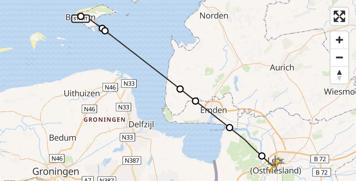 Flugroute Rettungshubschrauber Borkum Island Hospital - Leer (Ostfriesland), 17 Juli 2026, 22:03
