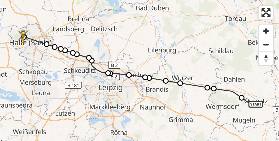 Flugroute Rettungshubschrauber Oschatz - Halle (Saale) University Hospital, 17 Juli 2026, 22:34