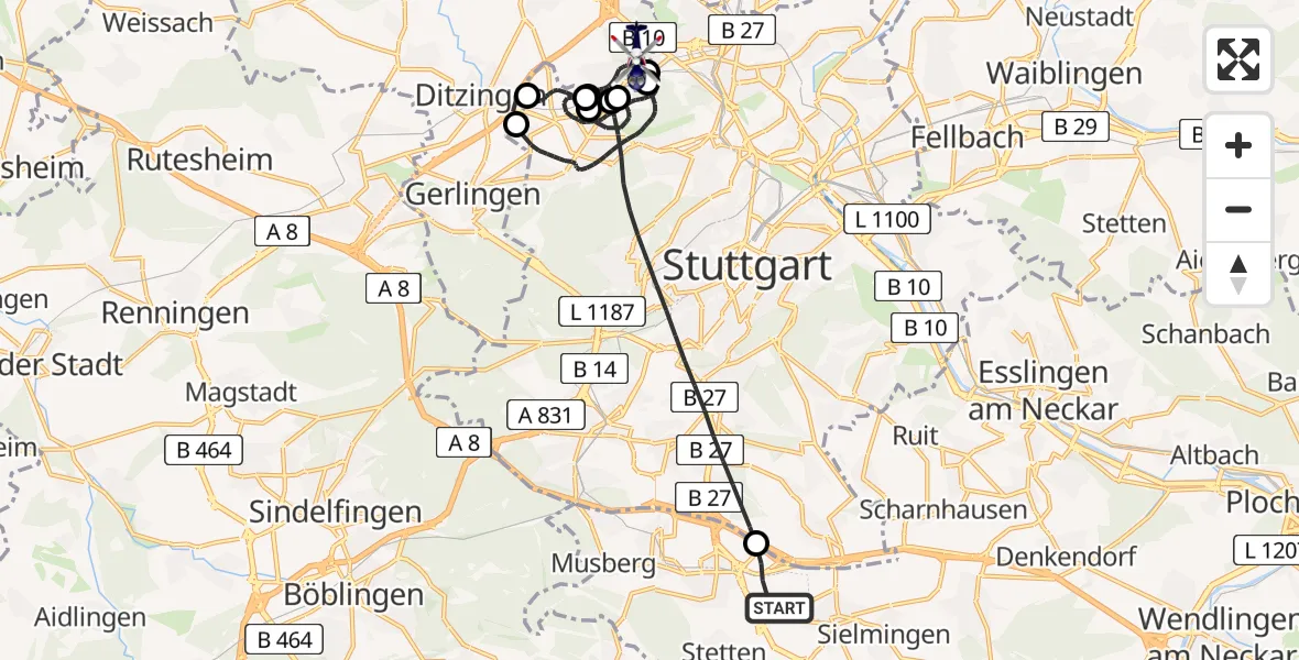 Flugroute Polizeihubschrauber Flughafen Stuttgart - Korntal-Münchingen, 17 Juli 2026, 22:37