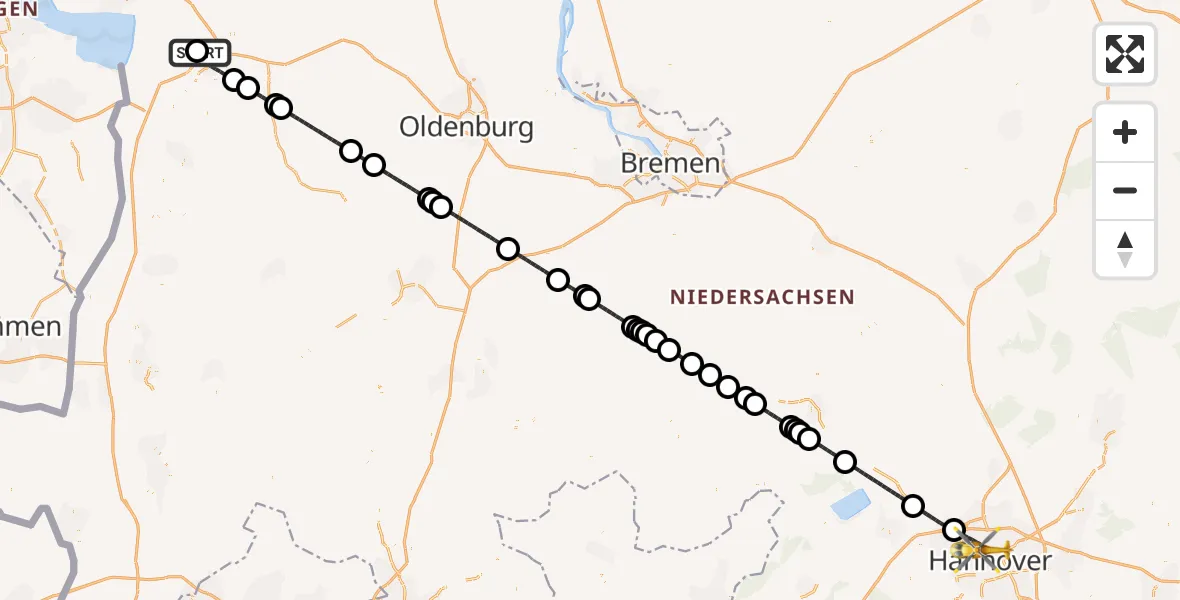 Flugroute Rettungshubschrauber Flugplatz Leer-Papenburg - Hannover, 17 Juli 2026, 23:12