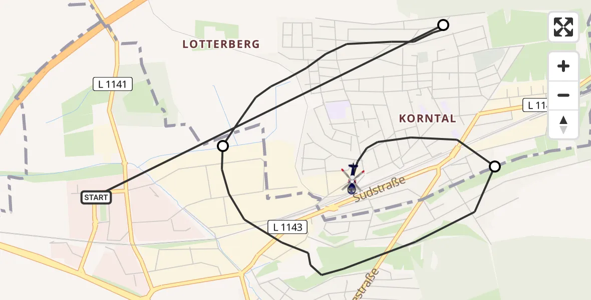 Flugroute Polizeihubschrauber Stuttgart - Korntal-Münchingen, 17 Juli 2026, 23:17