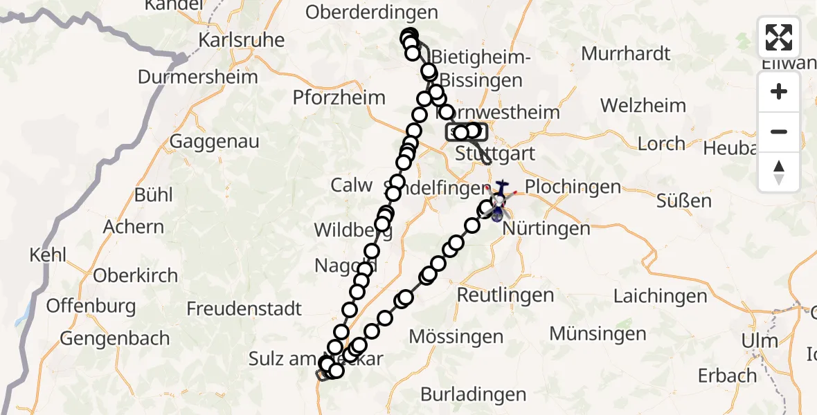 Flugroute Polizeihubschrauber Stuttgart - Flughafen Stuttgart, 17 Juli 2026, 23:26