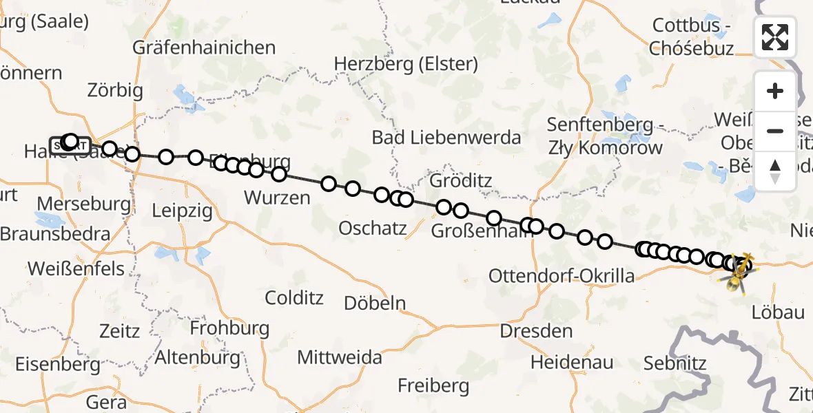 Flugroute Rettungshubschrauber Halle (Saale) - Bautzen Flugplatz, 17 Juli 2026, 23:33
