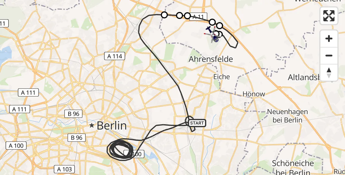 Flugroute Polizeihubschrauber Berlin - Ahrensfelde Hubschrauberlandeplatz, 17 Juli 2026, 23:49