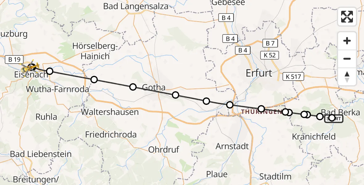 Flugroute Ambulanzhubschrauber Bad Berka Central Hospital - Sankt Georg Hospital Eisenach, 18 Juli 2026, 01:47