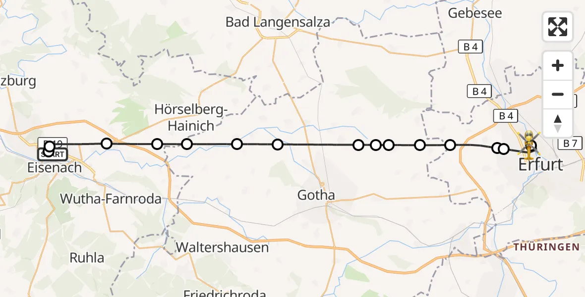 Flugroute Ambulanzhubschrauber Sankt Georg Hospital Eisenach - Helios Clinic Erfurt, 18 Juli 2026, 02:33
