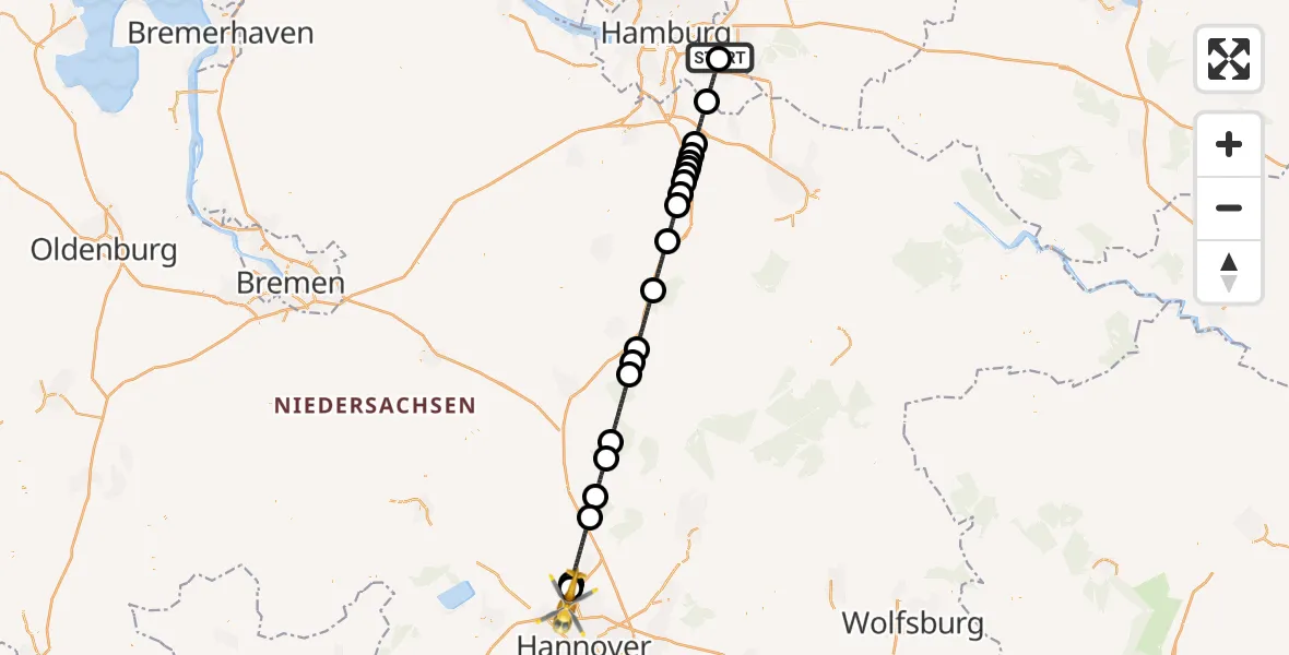 Flugroute Rettungshubschrauber Christoph Hansa ADAC Hubschrauberlandeplatz - Flughafen Hannover, 18 Juli 2026, 02:57