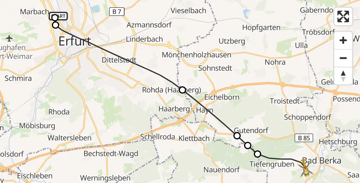 Flugroute Ambulanzhubschrauber Helios Clinic Erfurt - Bad Berka, 18 Juli 2026, 03:11