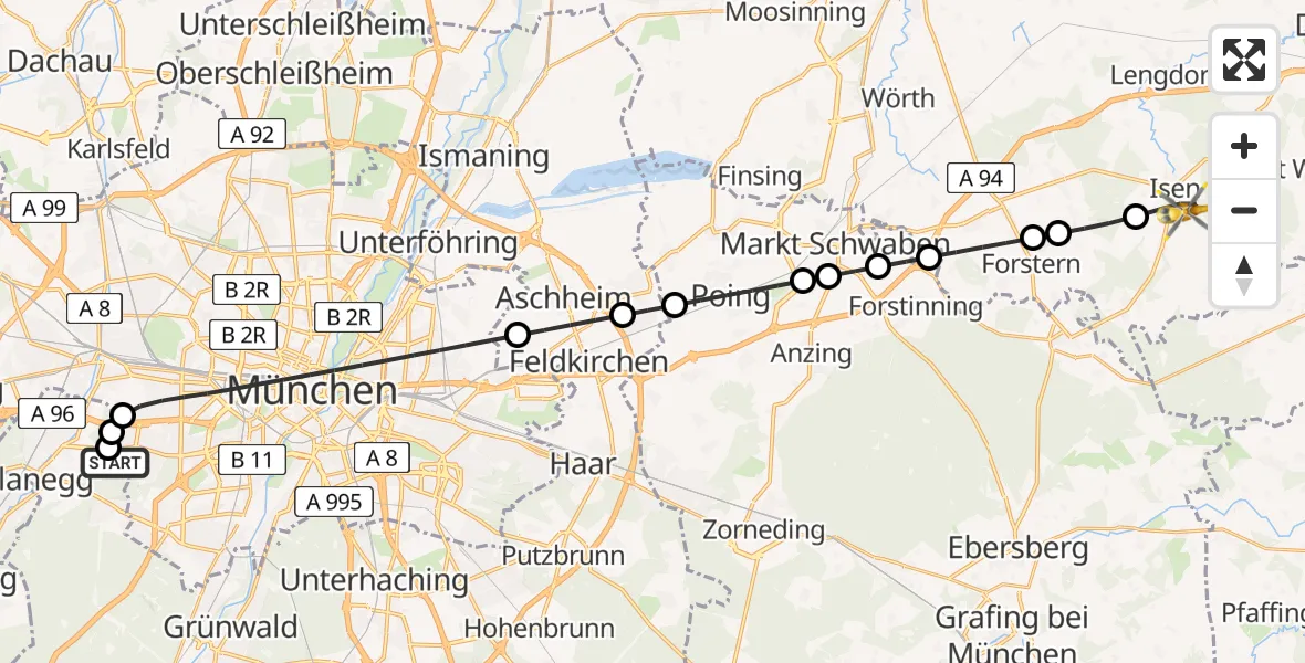 Flugroute Rettungshubschrauber DRF Air Rescue München Hubschrauberlandeplatz - Isen, 18 Juli 2026, 03:16