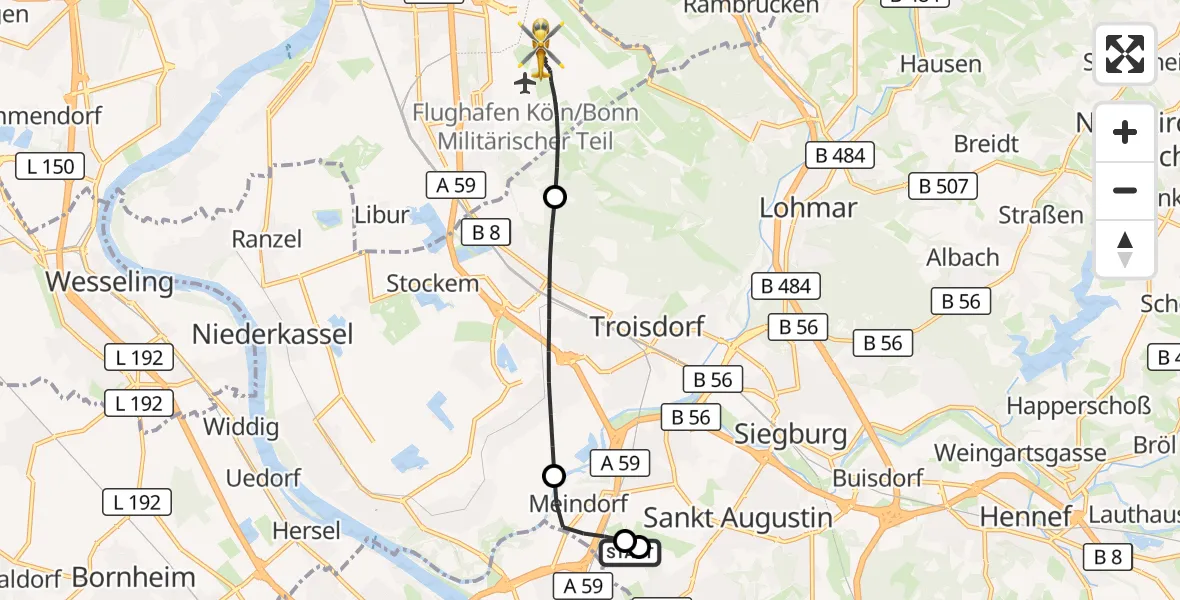 Flugroute Rettungshubschrauber Sankt Augustin - Köln Bonn Flughafen, 18 Juli 2026, 04:32