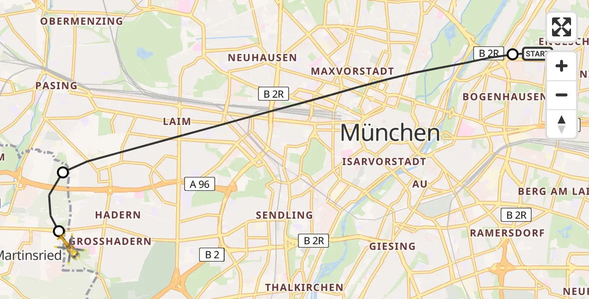 Flugroute Rettungshubschrauber München Bogenhausen Hospital - DRF Air Rescue München Hubschrauberlandeplatz, 18 Juli 2026, 04:45