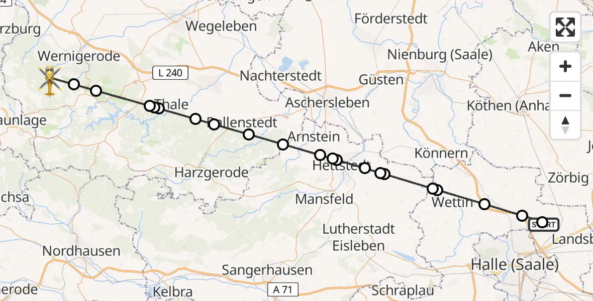Flugroute Rettungshubschrauber Halle-Oppin Flugplatz - Wernigerode, 18 Juli 2026, 04:47