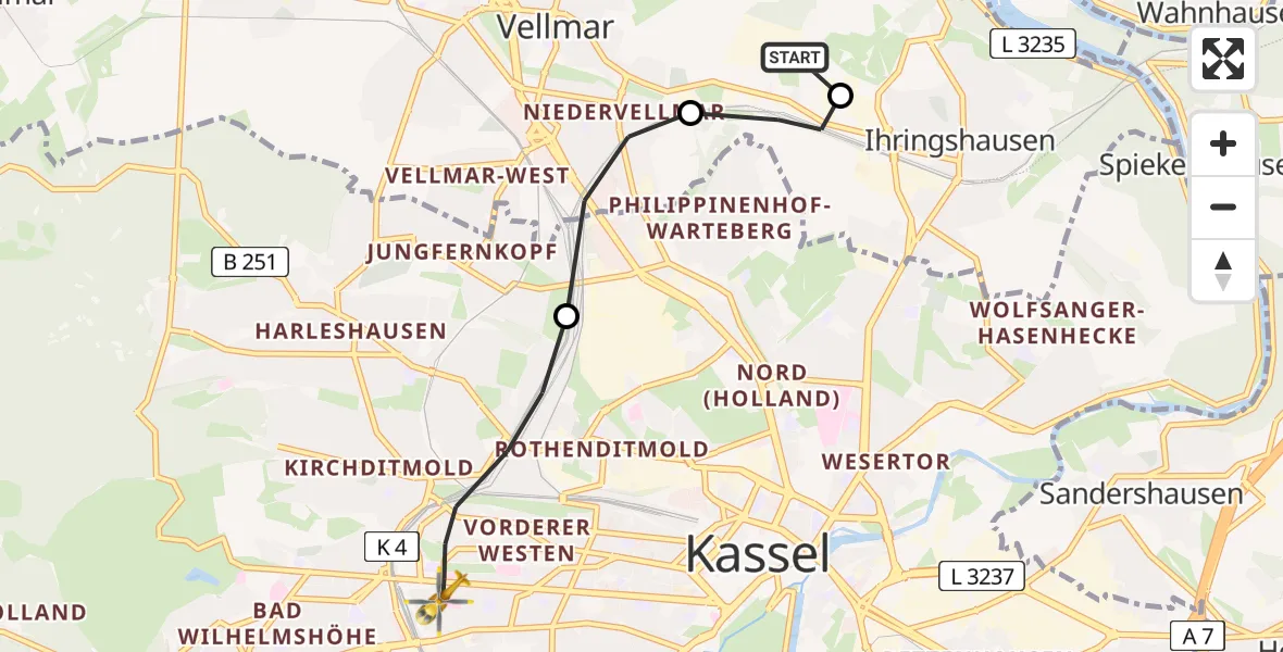 Flugroute Rettungshubschrauber Fuldatal Bundespolizei Hubschrauberlandeplatz - Kassel, 18 Juli 2026, 05:08