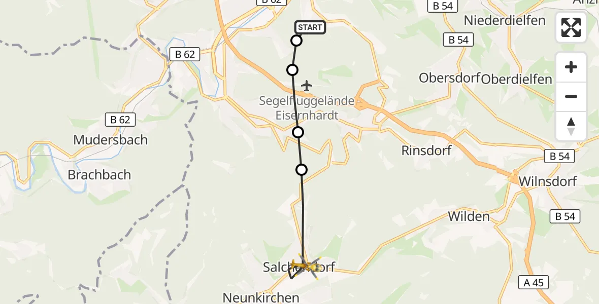 Flugroute Rettungshubschrauber Evangelisches Jung-Stilling Hospital - Neunkirchen, 18 Juli 2026, 05:30
