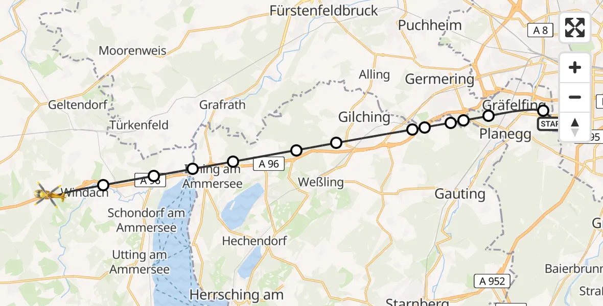 Flugroute Rettungshubschrauber DRF Air Rescue München Hubschrauberlandeplatz - Windach, 18 Juli 2026, 05:41