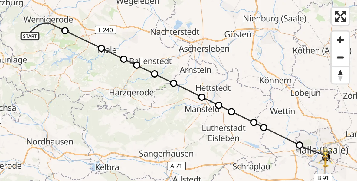 Flugroute Rettungshubschrauber Wernigerode - BG Hospital Bergmannstrost Halle, 18 Juli 2026, 05:49