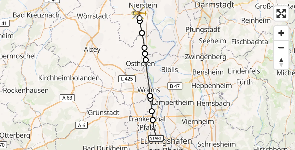 Flugroute Rettungshubschrauber Ludwigshafen am Rhein - Dexheim, 18 Juli 2026, 06:01