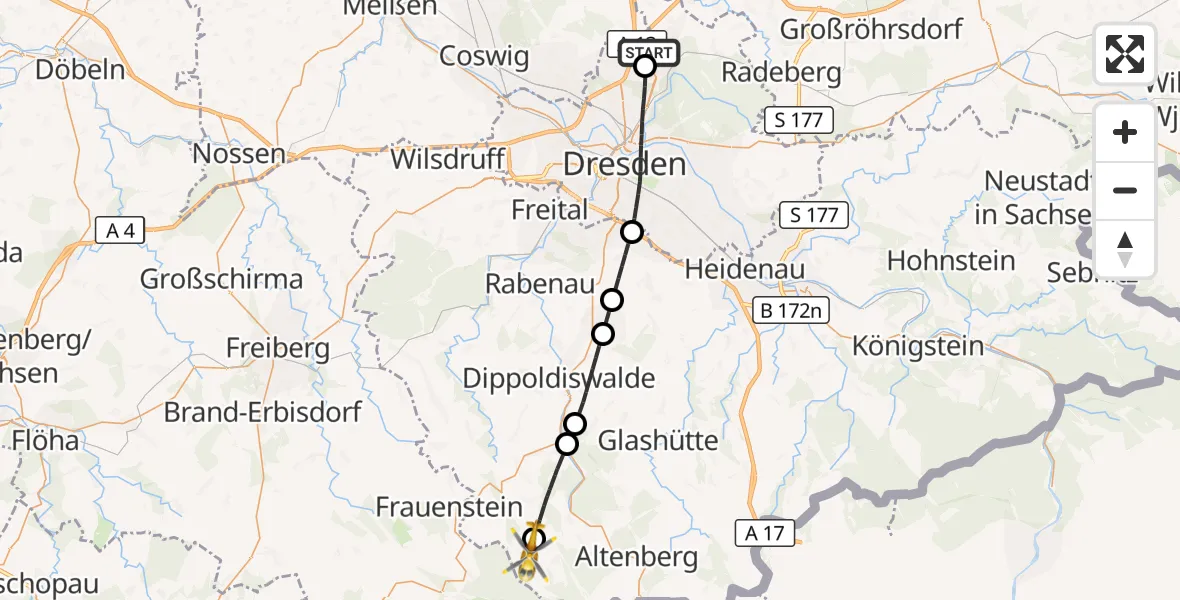 Flugroute Rettungshubschrauber Dresden Flughafen - Hermsdorf/Erzgeb., 18 Juli 2026, 06:14