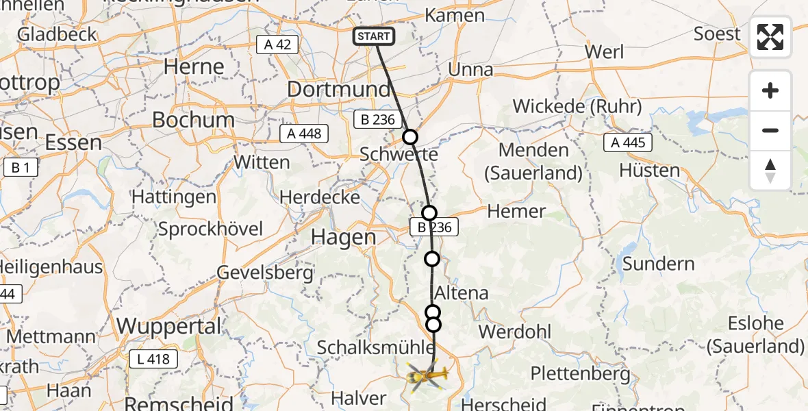 Flugroute Rettungshubschrauber Dortmund - Lüdenscheid, 18 Juli 2026, 06:18