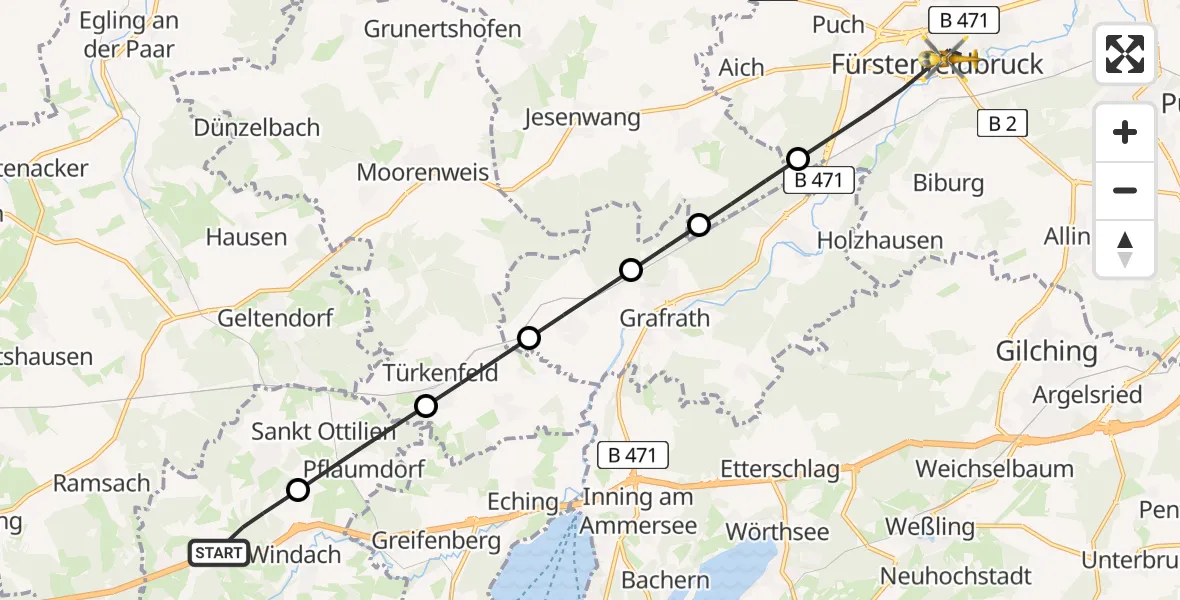 Flugroute Rettungshubschrauber Windach - Fürstenfeldbruck, 18 Juli 2026, 06:18