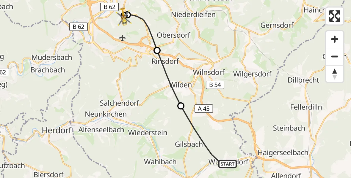 Flugroute Rettungshubschrauber Burbach - Evangelisches Jung-Stilling Hospital, 18 Juli 2026, 06:26