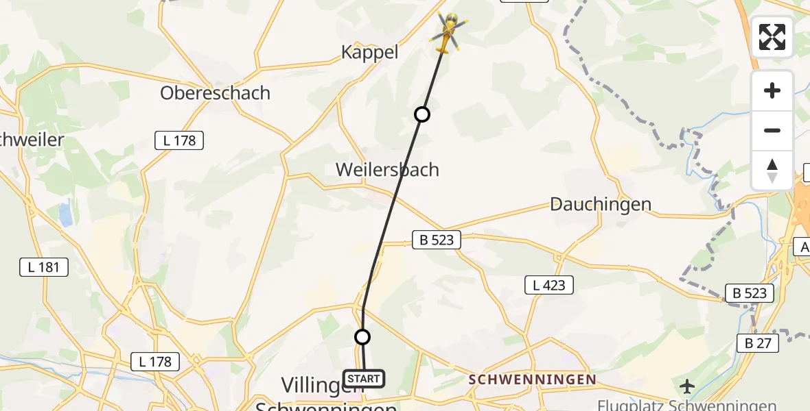Flugroute Ambulanzhubschrauber DRF Air Rescue Station Villingen-Schwenningen Hubschrauberlandeplatz (Christoph 11) - Niedereschach, 18 Juli 2026, 06:29