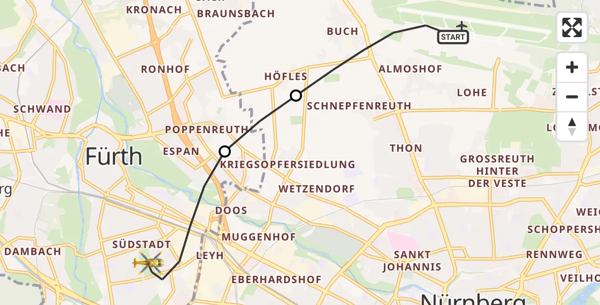 Flugroute Ambulanzhubschrauber Flughafen Nuremberg - Fürth, 18 Juli 2026, 06:31