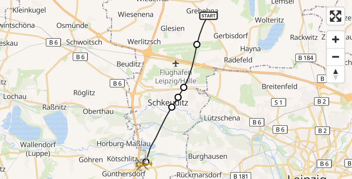 Flugroute Rettungshubschrauber Wiedemar - ADAC Air Rescue Station Leipzig/Schkeuditz-Dölzig Hubschrauberlandeplatz (Christoph 61), 18 Juli 2026, 06:39
