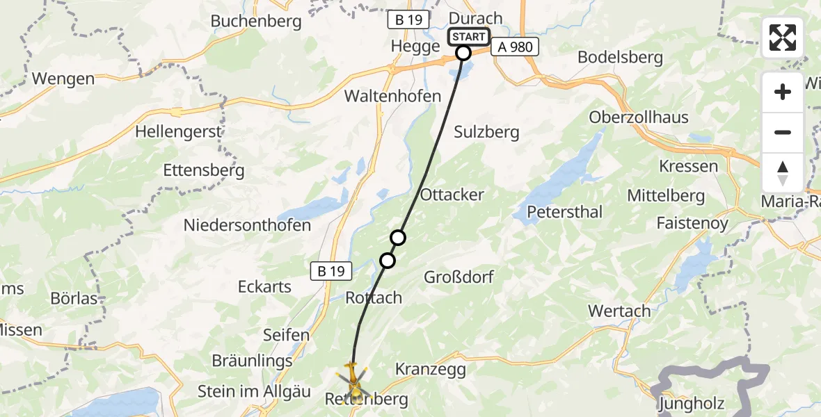 Flugroute Rettungshubschrauber Kempten-Durach Flugplatz - Rettenberg, 18 Juli 2026, 06:40