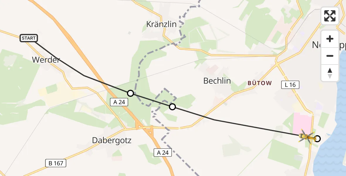 Flugroute Rettungshubschrauber Märkisch Linden - Rupin Hospital, 18 Juli 2026, 06:41