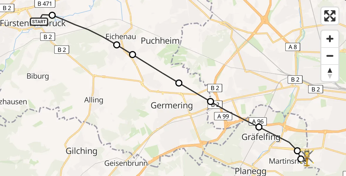 Flugroute Rettungshubschrauber Fürstenfeldbruck - DRF Air Rescue München Hubschrauberlandeplatz, 18 Juli 2026, 06:48