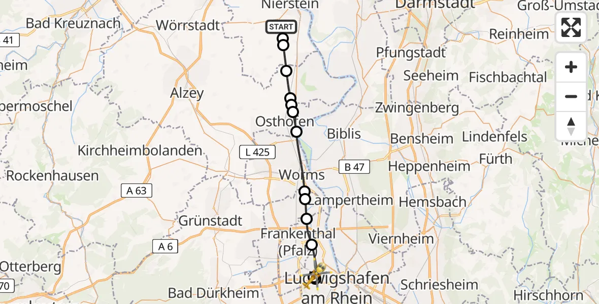 Flugroute Rettungshubschrauber Dexheim - Ludwigshafen Accident Hospital, 18 Juli 2026, 06:50