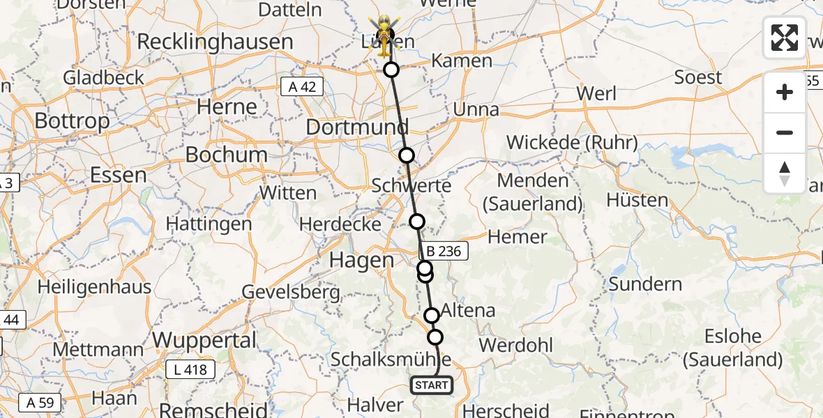 Flugroute Rettungshubschrauber Lüdenscheid - Sankt Marien Hospital, 18 Juli 2026, 06:53