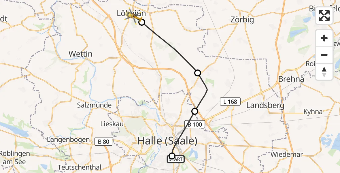 Flugroute Rettungshubschrauber BG Hospital Bergmannstrost Halle - Wettin-Löbejün, 18 Juli 2026, 06:56