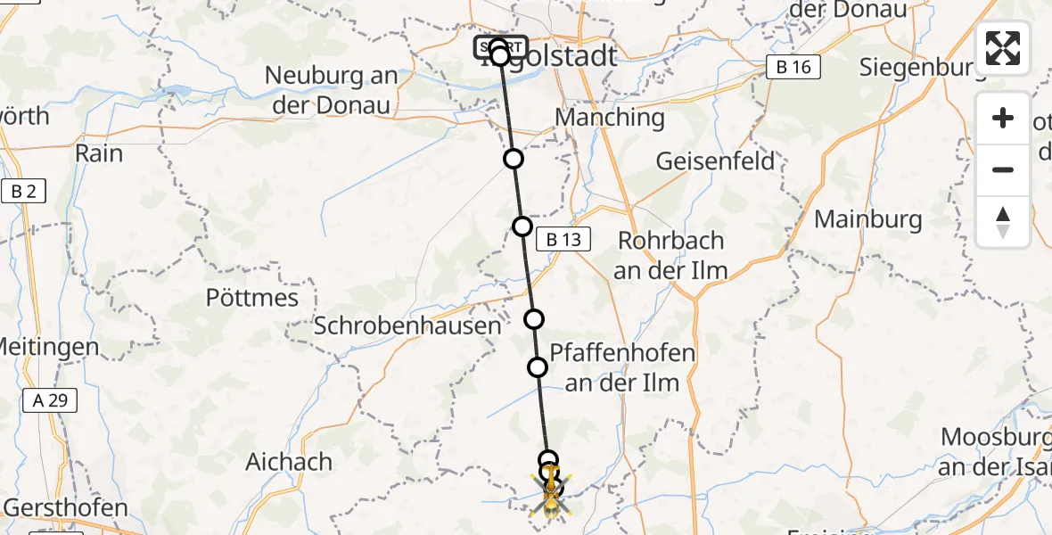 Flugroute Rettungshubschrauber Ingolstadt Hospital - Jetzendorf, 18 Juli 2026, 06:58