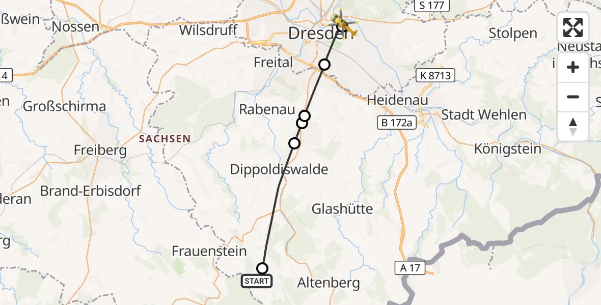 Flugroute Rettungshubschrauber Hermsdorf/Erzgeb. - Dresden University Hospital, 18 Juli 2026, 06:58
