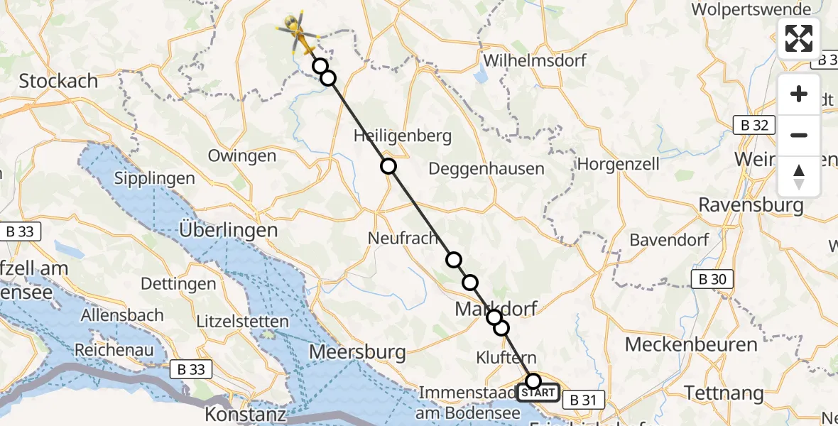 Flugroute Rettungshubschrauber Friedrichshafen Hospital - Herdwangen-Schönach, 18 Juli 2026, 07:02