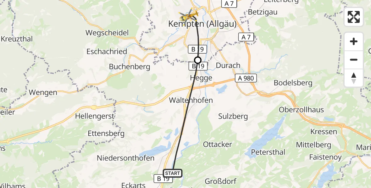 Flugroute Rettungshubschrauber Waltenhofen - Kempten (Allgäu), 18 Juli 2026, 07:03