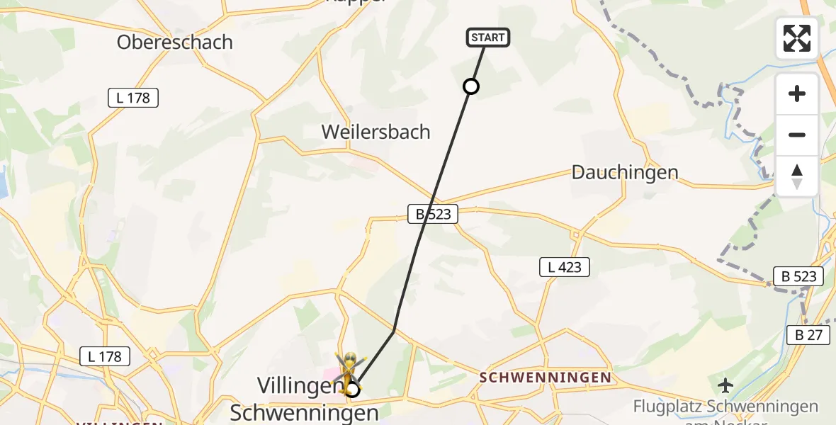 Flugroute Ambulanzhubschrauber Dauchingen - DRF Air Rescue Station Villingen-Schwenningen Hubschrauberlandeplatz (Christoph 11), 18 Juli 2026, 07:04