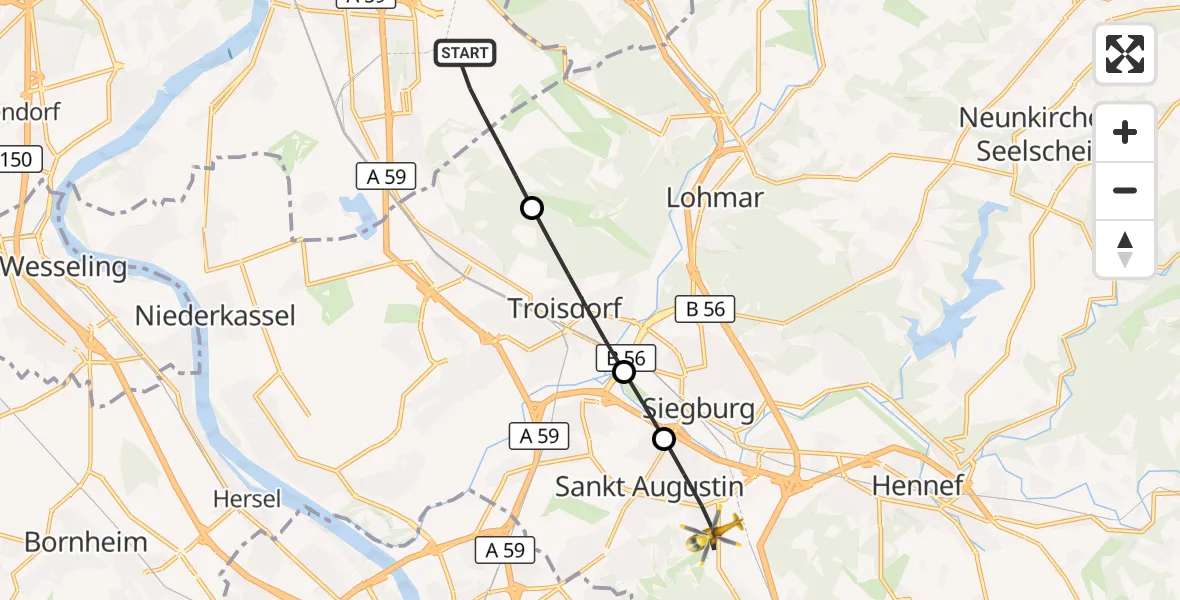 Flugroute Rettungshubschrauber Köln Bonn Flughafen - Sankt Augustin, 18 Juli 2026, 07:14