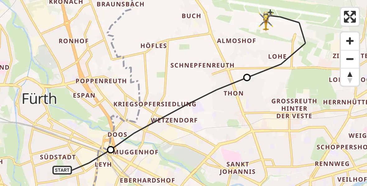Flugroute Ambulanzhubschrauber Fürth - Flughafen Nuremberg, 18 Juli 2026, 07:17