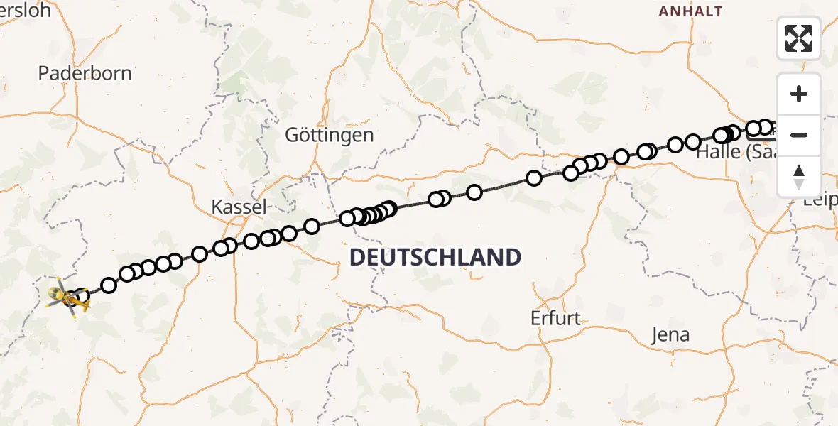 Flugroute Rettungshubschrauber Halle-Oppin Flugplatz - Allendorf-Eder Flugplatz, 18 Juli 2026, 07:21