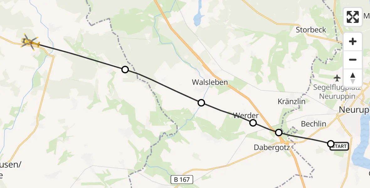 Flugroute Rettungshubschrauber Rupin Hospital - Wusterhausen/Dosse, 18 Juli 2026, 07:23