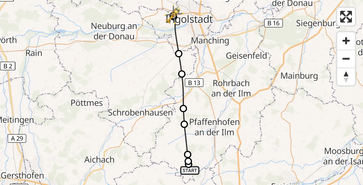 Flugroute Rettungshubschrauber Jetzendorf - Ingolstadt Hospital, 18 Juli 2026, 07:27