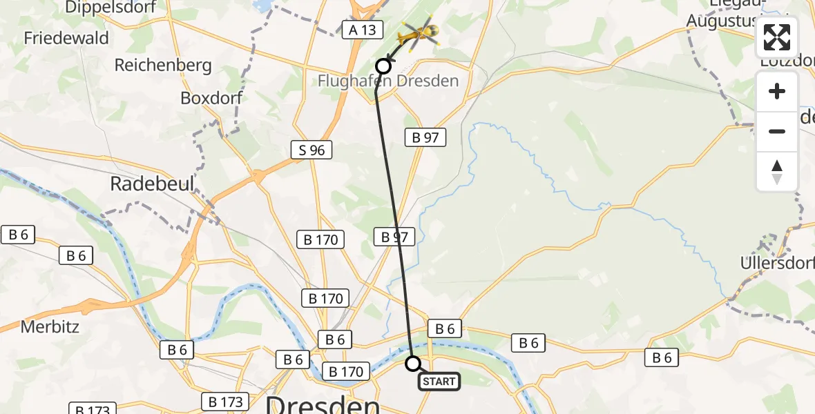 Flugroute Rettungshubschrauber Dresden University Hospital - Dresden Bundespolizei Hubschrauberlandeplatz, 18 Juli 2026, 07:29