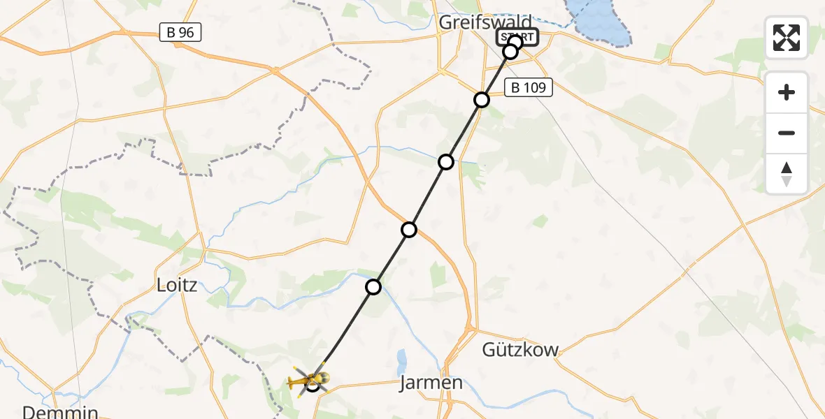 Flugroute Rettungshubschrauber Greifswald Hospital - Tutow, 18 Juli 2026, 07:29