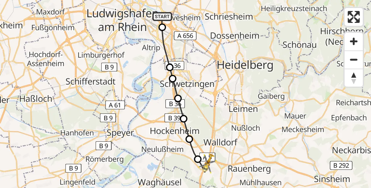 Flugroute Rettungshubschrauber Mannheim-City Flughafen - St. Leon-Rot, 18 Juli 2026, 07:44