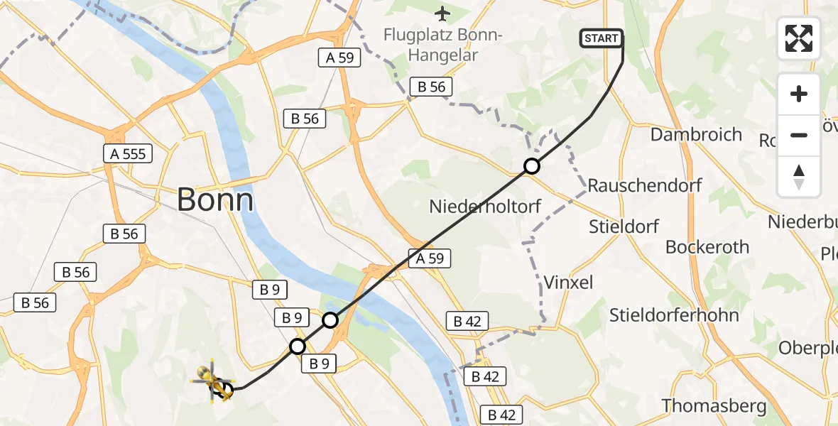 Flugroute Rettungshubschrauber Sankt Augustin - Bonn University Hospital, 18 Juli 2026, 07:48